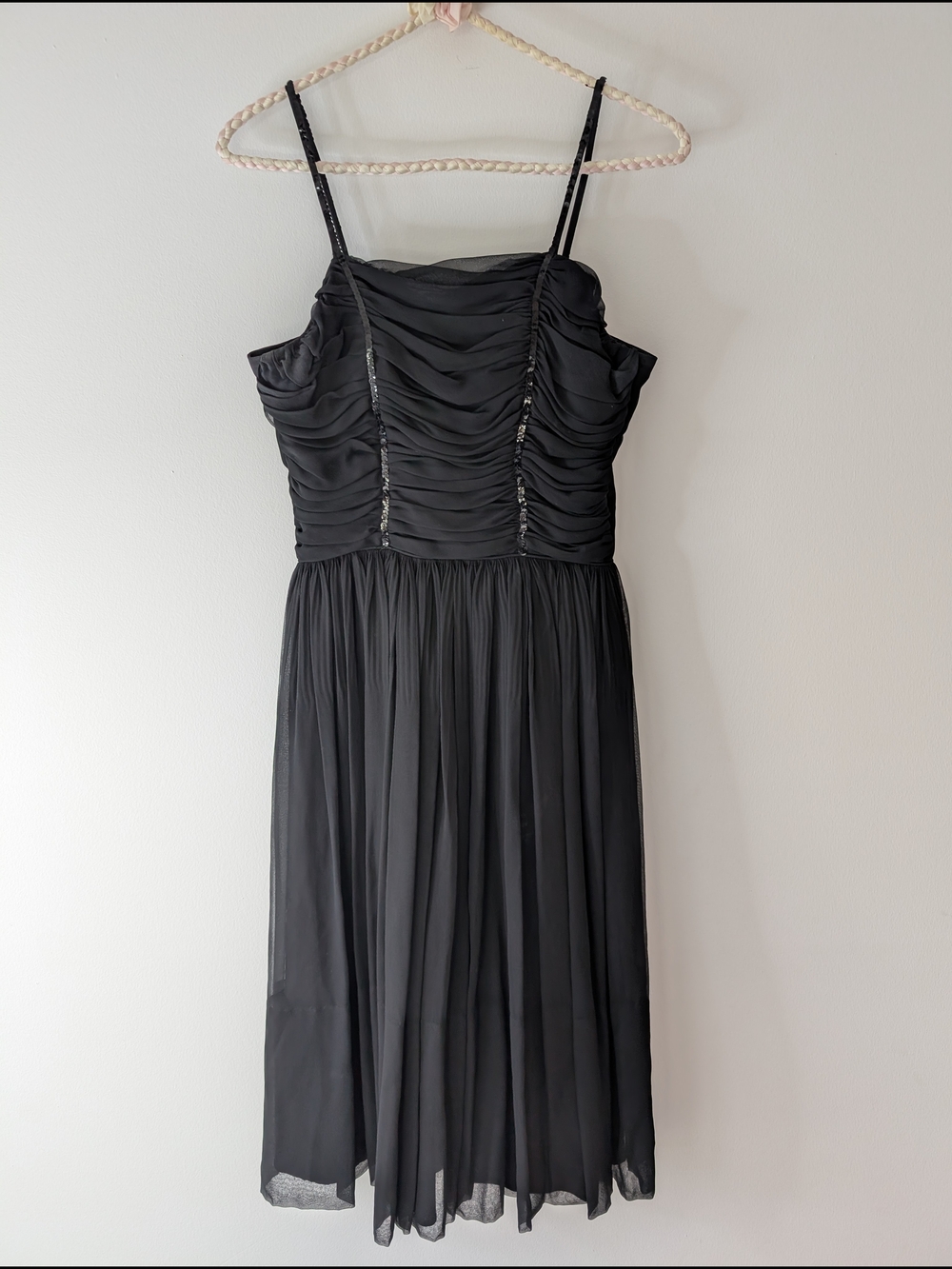 VTG ILGWU Union Black Chiffon Cocktail Dress Rouched Bodice Sequin Trim 1960-90s
